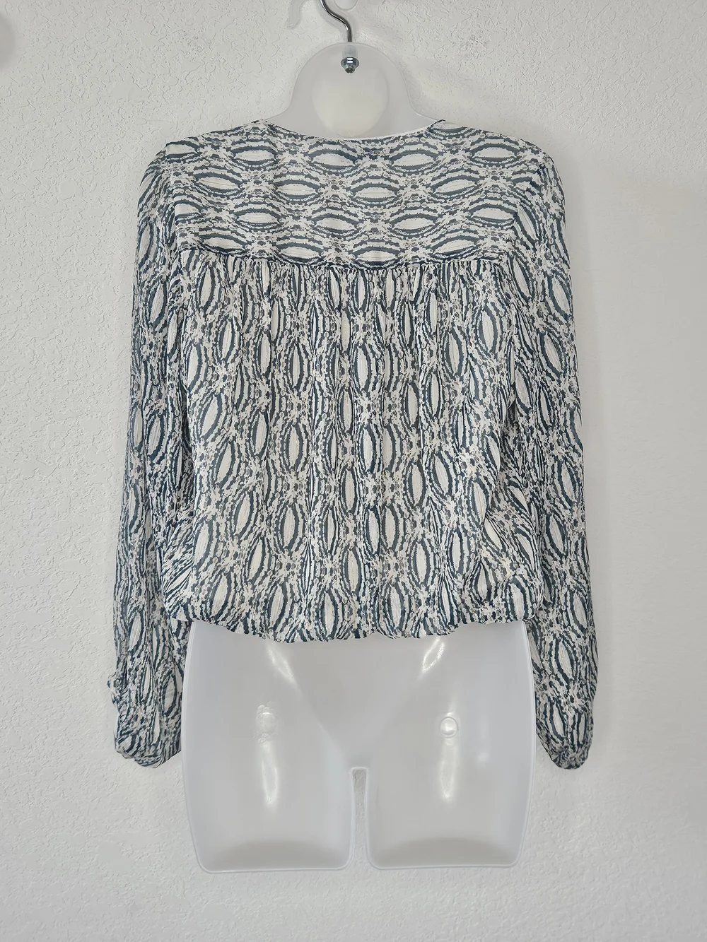 Zara M Blue Cream Abstract Print Metallic Gold Stripe Balloon Sleeve Blouse